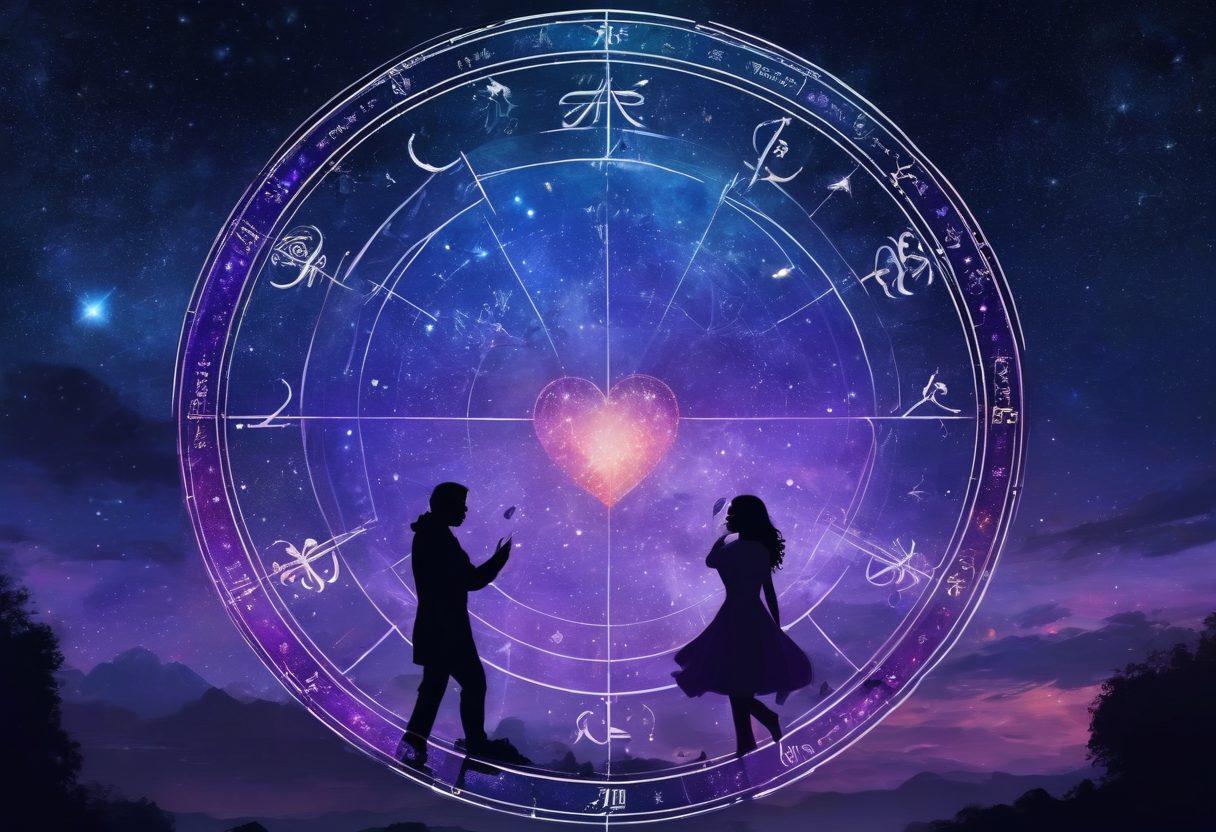 A celestial scene depicting the night sky filled with zodiac constellations intertwined with heart symbols, representing love and connection. At the center, a beautifully detailed astrological wheel with vibrant colors, showcasing horoscope signs. Below, silhouettes of couples gazing at the stars, symbolizing their search for soulmates through zodiac compatibility. The background should be a dreamy blend of deep blues and purples, evoking a romantic cosmic atmosphere. digital painting. vibrant colors.