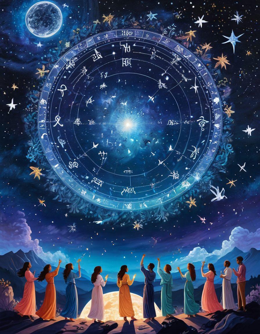 A cosmic landscape featuring the twelve zodiac signs interlinked by shimmering stars, with vibrant constellations surrounding them. Include a diverse group of people observing the night sky, engaged in conversation about astrology, with glowing charts in their hands. The background should be a deep navy blue with twinkling stars and ethereal nebulae, creating a mystical atmosphere. super-realistic. vibrant colors. starry sky.