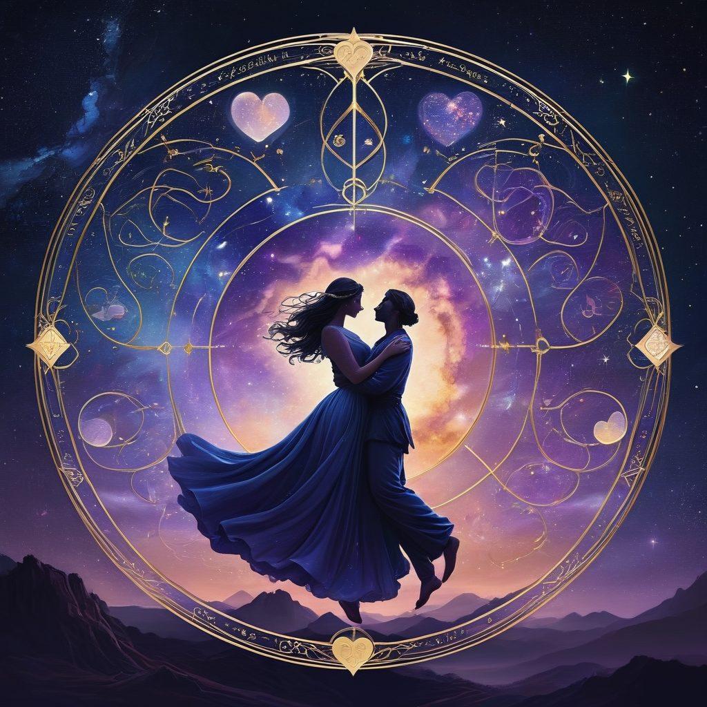 A celestial-themed illustration featuring zodiac signs intertwined in a harmonious dance, set against a starry night sky. Include symbols of love, such as hearts and intertwined hands, emanating soft, glowing light to symbolize connection. Add ethereal elements like constellations and planets to enhance the mystical vibe and convey relationship harmony. The overall color palette should be rich blues, purples, and golds. super-realistic. vibrant colors. 3D.
